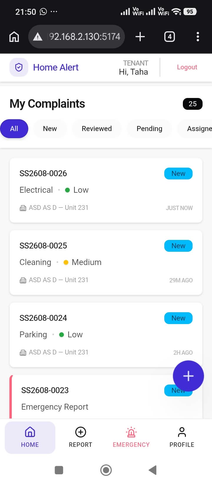 Tenant app: list of submitted complaints