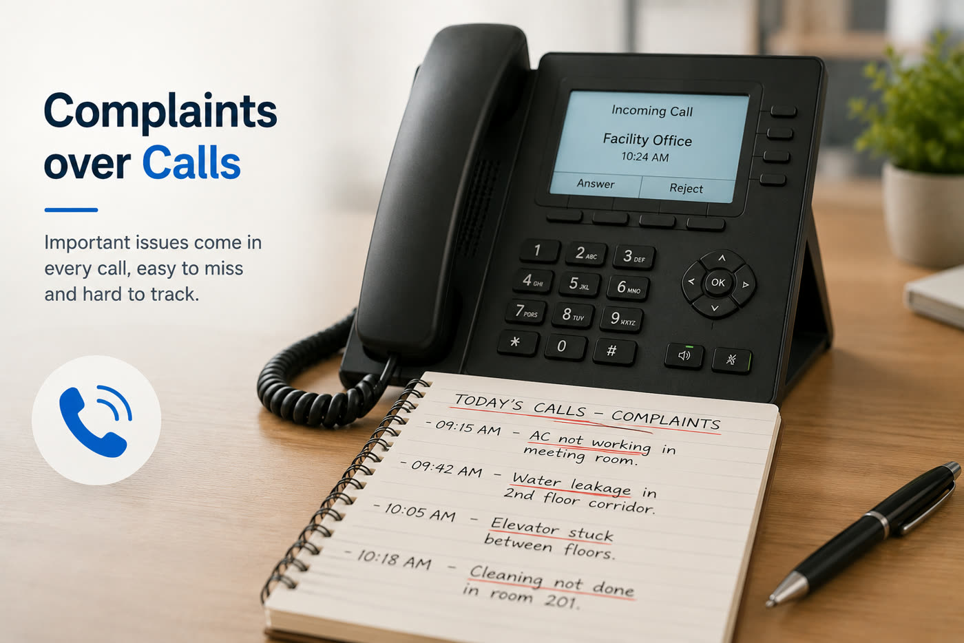 A desk phone taking incoming complaint calls next to a handwritten call log