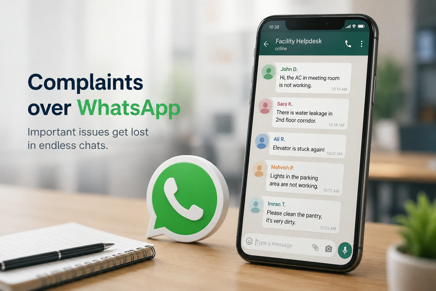 A property team's WhatsApp chat full of unresolved tenant complaints