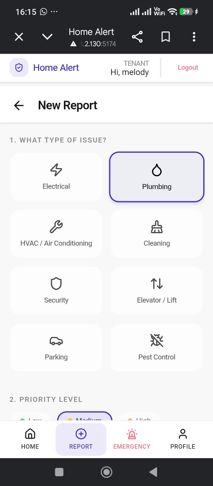 Tenant app: selecting a complaint category