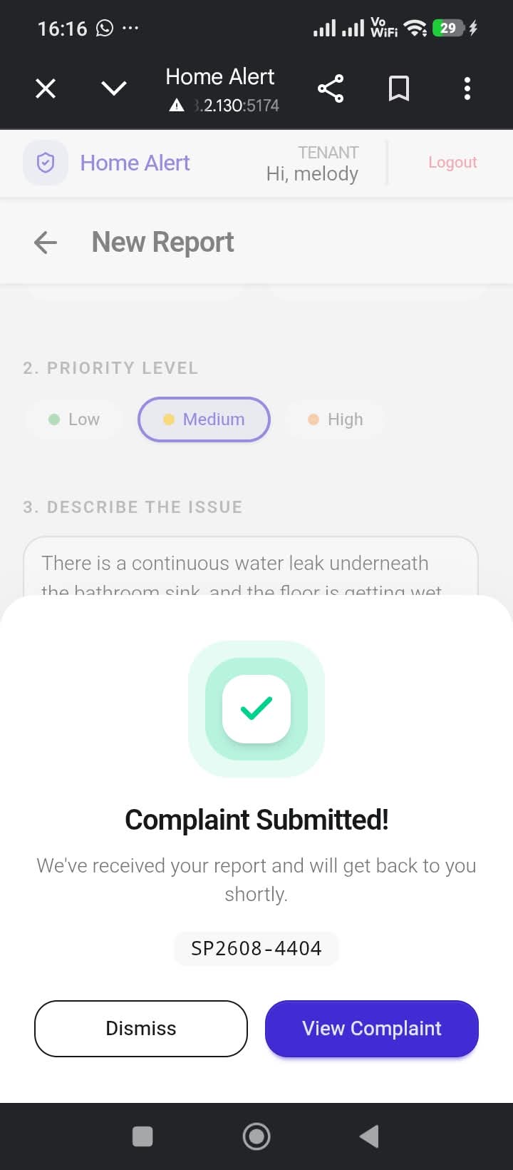 Tenant app: confirmation that the complaint was submitted